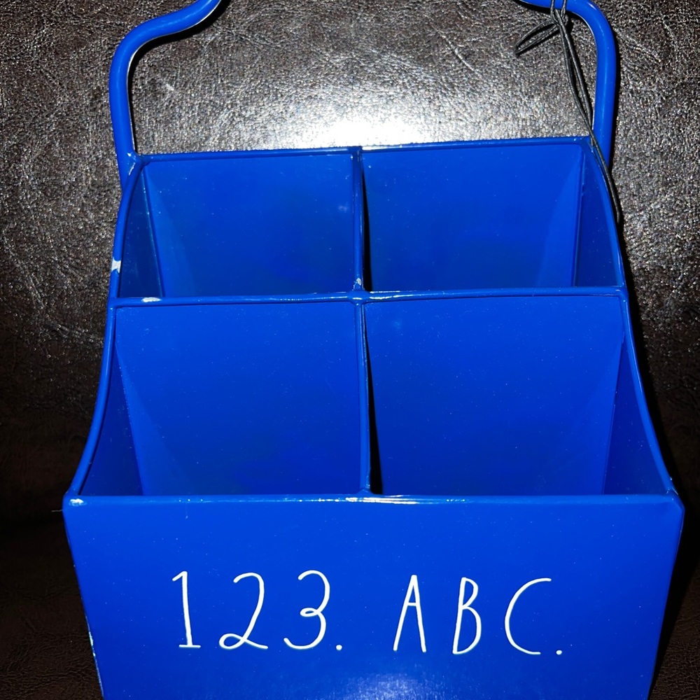 Rae Dunn Children’s Art Caddy 123 ABC Blue Metal Pens Pencils Crayons Scissors